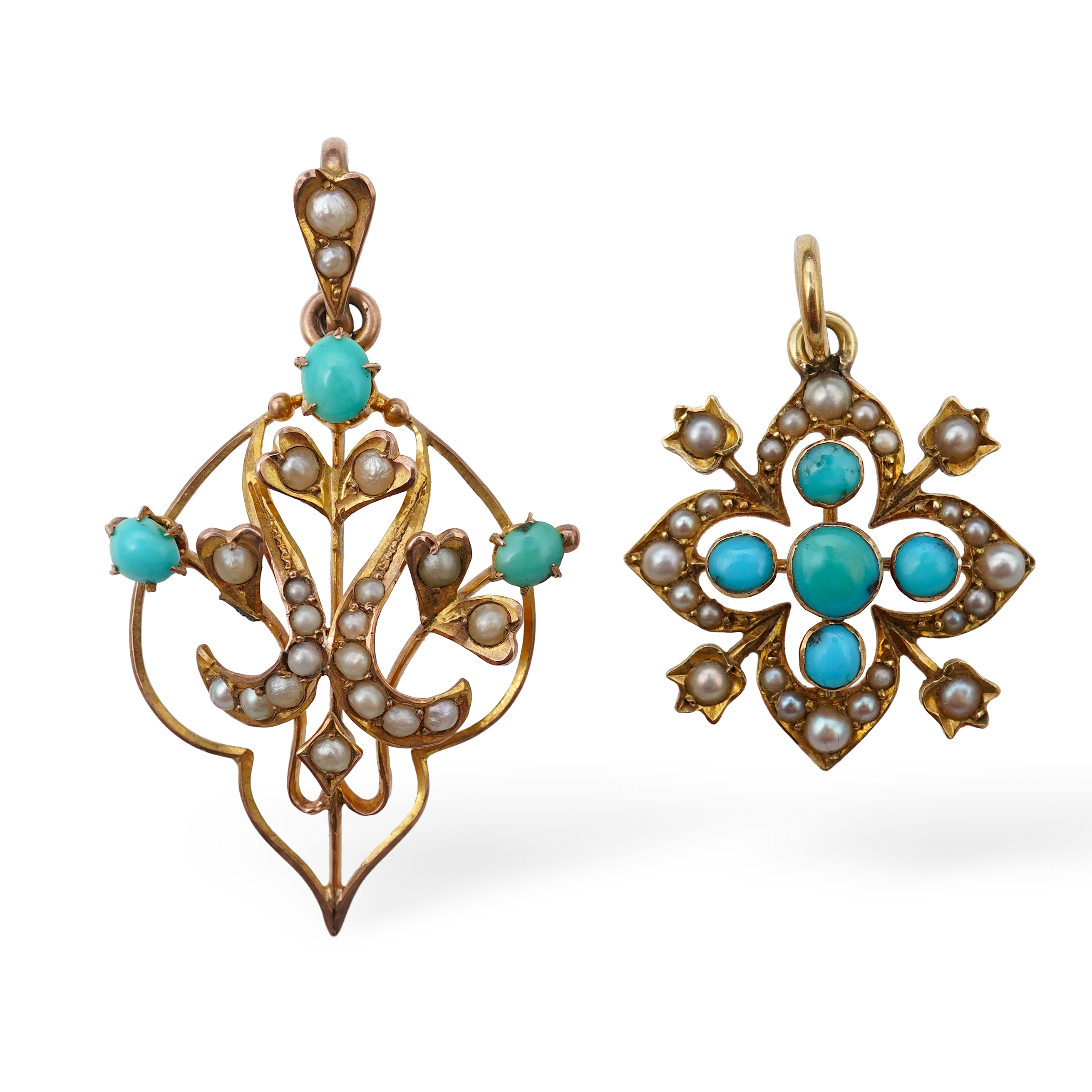 Two Edwardian turquoise and seed pearl pendants, each of foliate design, set with turquoise cabochons and seed pearls, mounted in gold, longest 3.7cm, smaller stamped 15CT, combined gross weight approximately 4 grams